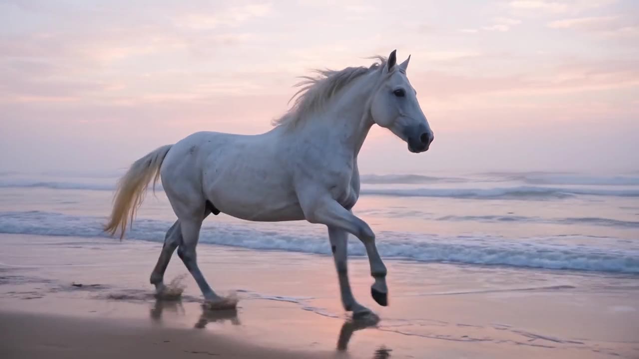 A white horse gallops along wet sand at the edge of the surf under a pale pink dawn sky, its legs reflected in the wet sand.